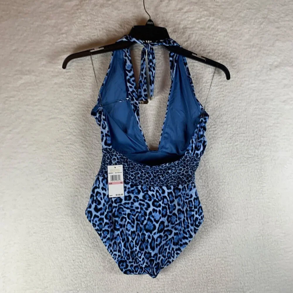Michael Kors Women's Blue Cutout Cross Front Halter One Piece Swimsuit Sz 10 NWT